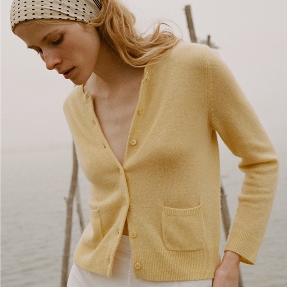 Doen Sweaters - Doen Freya Cashmere Crewneck Pocket Button Knit Sweater Top Lemon Chiffon Yellow